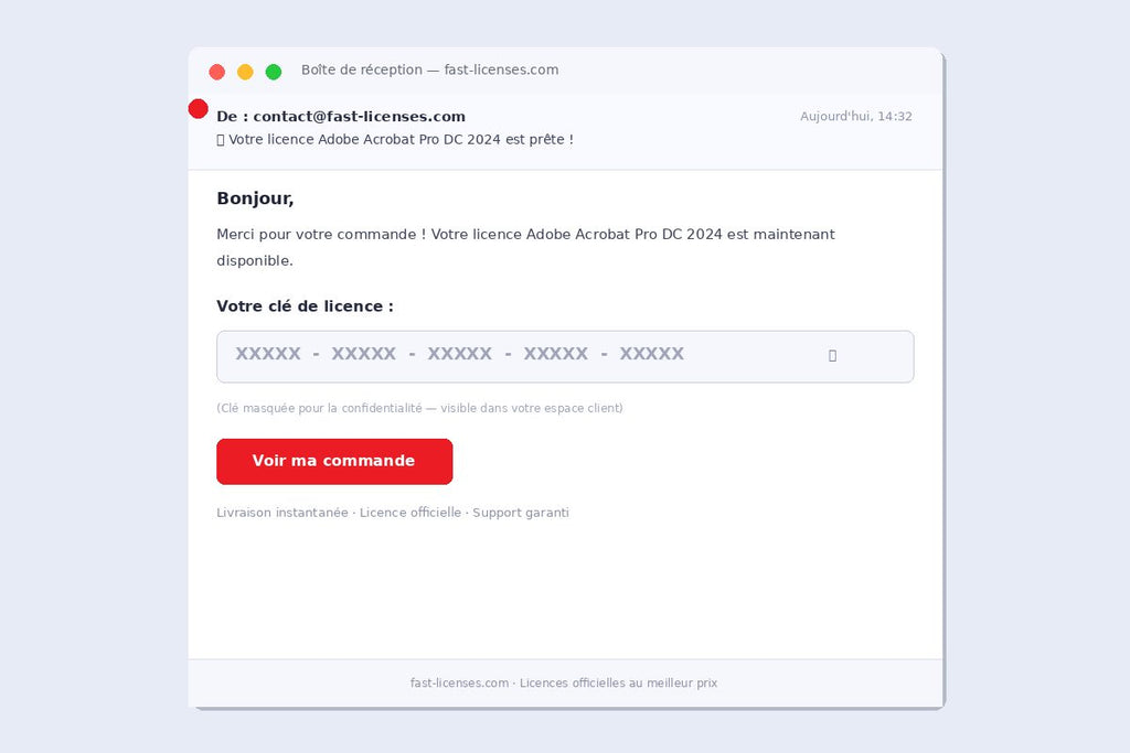 Email de livraison de licence Adobe Acrobat Pro DC 2024 — Réception de clé instantanée