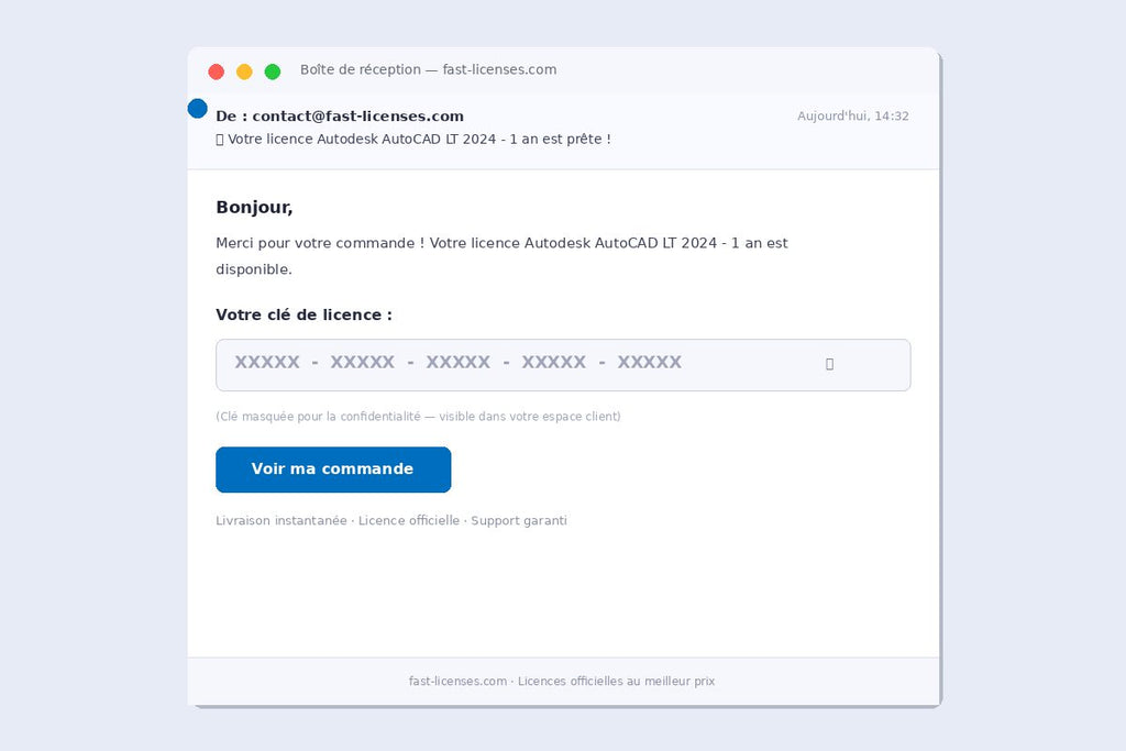 Email de livraison de licence Autodesk AutoCAD LT 2024 - 1 an — Réception de clé instantanée