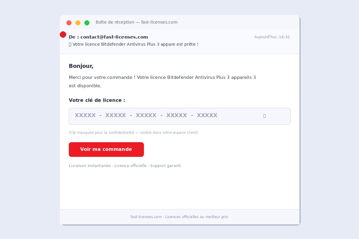 Email de livraison de licence Bitdefender Antivirus Plus 3 appareils 3 ans — Réception de clé instantanée