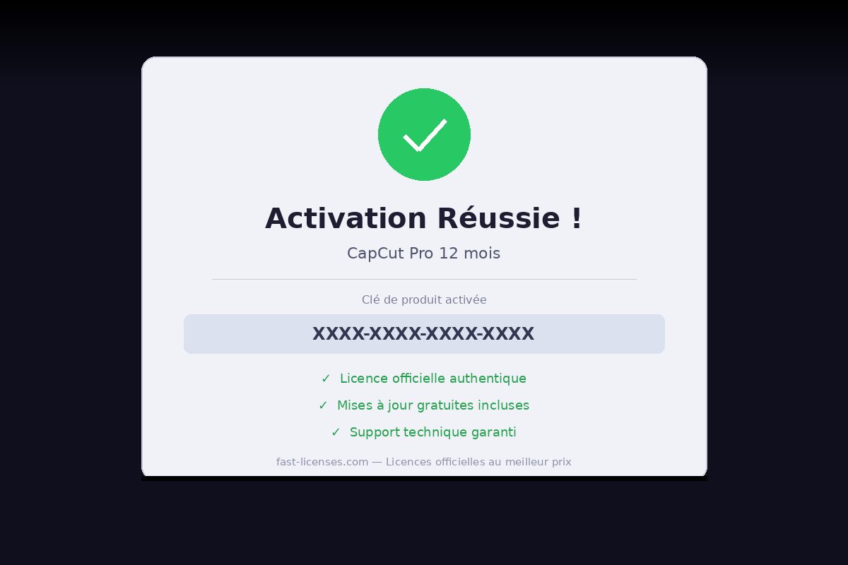 Activation réussie CapCut Pro 12 mois — Licence officielle fast-licenses.com