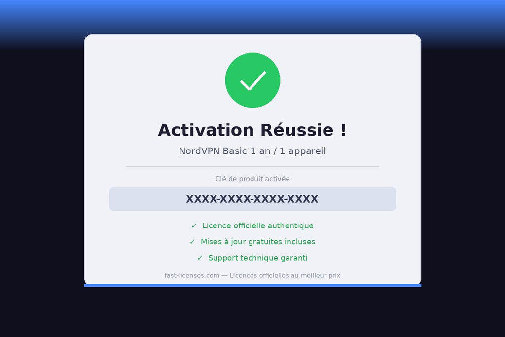 Activation réussie NordVPN Basic 1 an / 1 appareil — Licence officielle fast-licenses.com