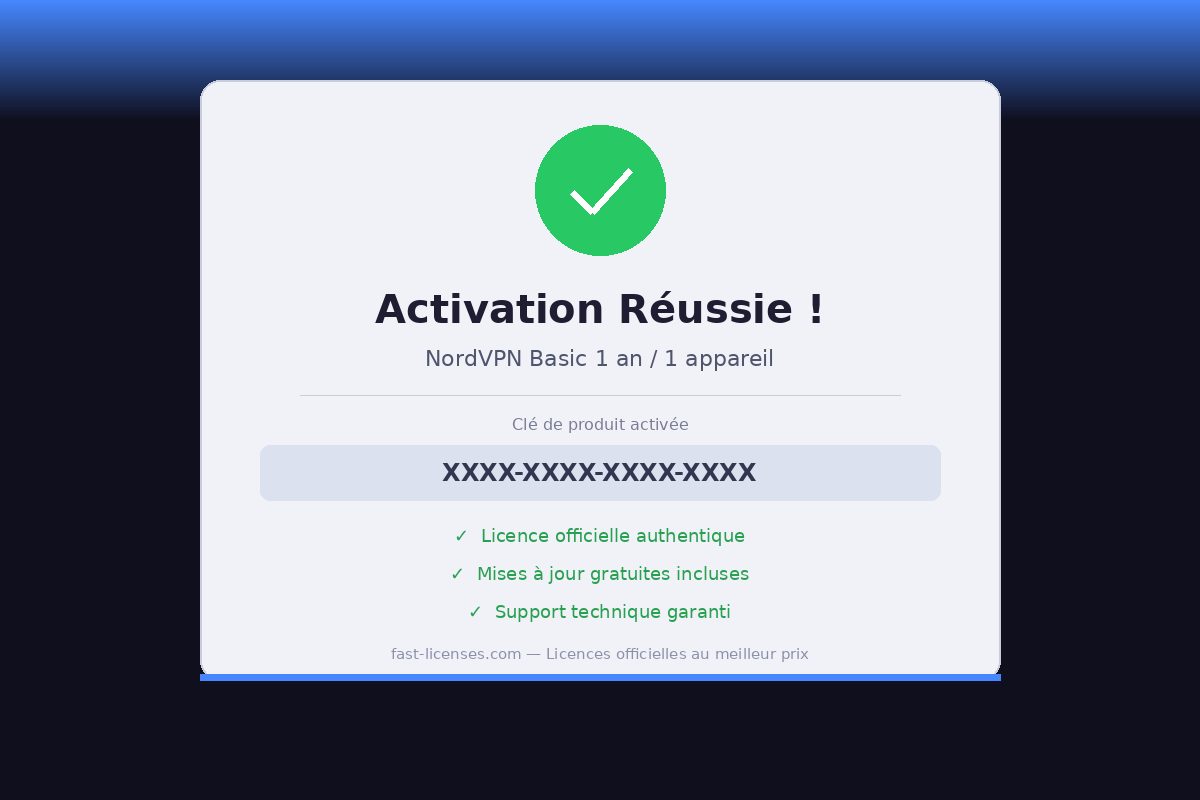 Activation réussie NordVPN Basic 1 an / 1 appareil — Licence officielle fast-licenses.com