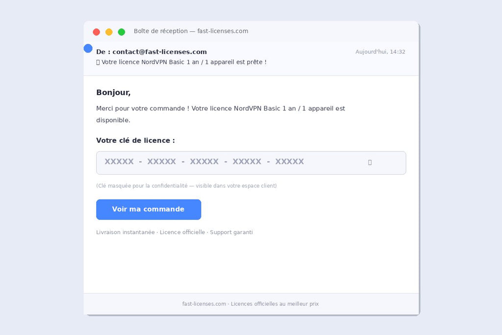 Email de livraison de licence NordVPN Basic 1 an / 1 appareil — Réception de clé instantanée