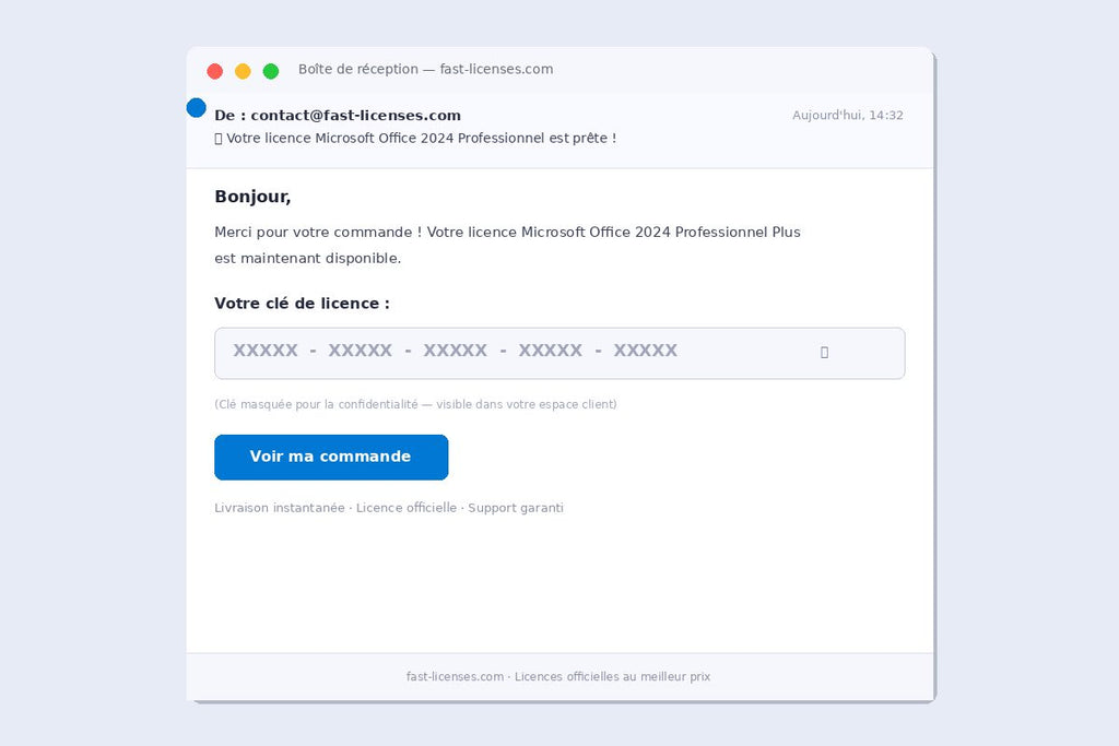 Email de livraison de licence Microsoft Office 2024 Professionnel Plus — Réception de clé instantanée