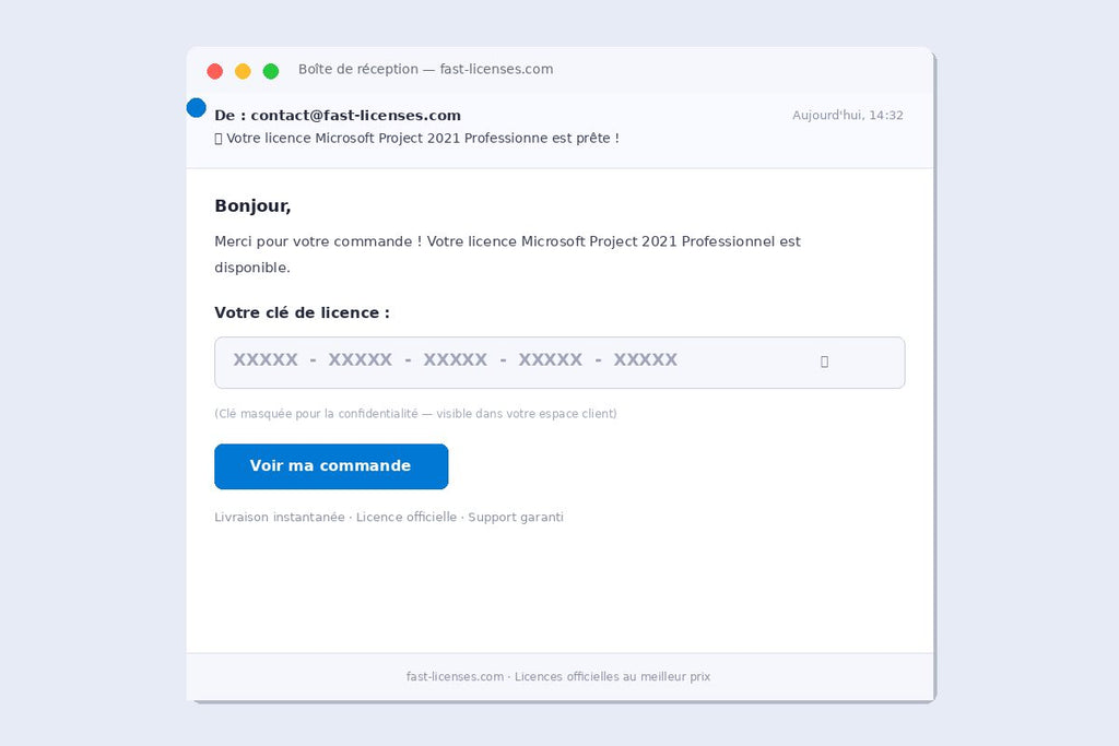 Email de livraison de licence Microsoft Project 2021 Professionnel — Réception de clé instantanée