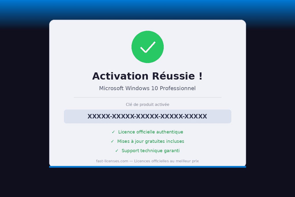 Activation réussie Microsoft Windows 10 Professionnel — Licence officielle fast-licenses.com
