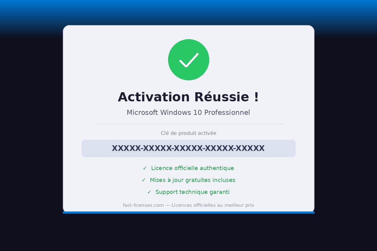Activation réussie Microsoft Windows 10 Professionnel — Licence officielle fast-licenses.com