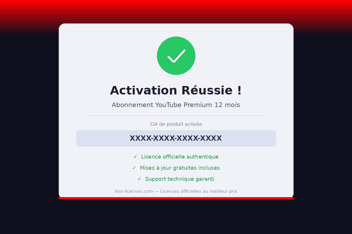Activation réussie Abonnement YouTube Premium 12 mois — Licence officielle fast-licenses.com